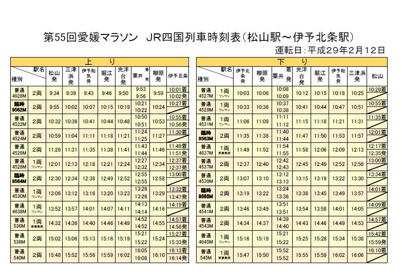 ＪＲ四国列車時刻表 | 第56回愛媛マラソン